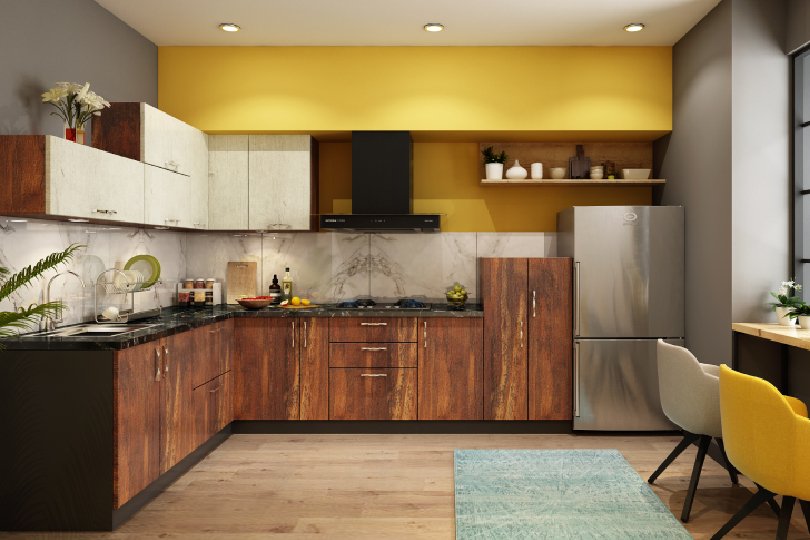 L-Shape Wood & White Modular Kitchen