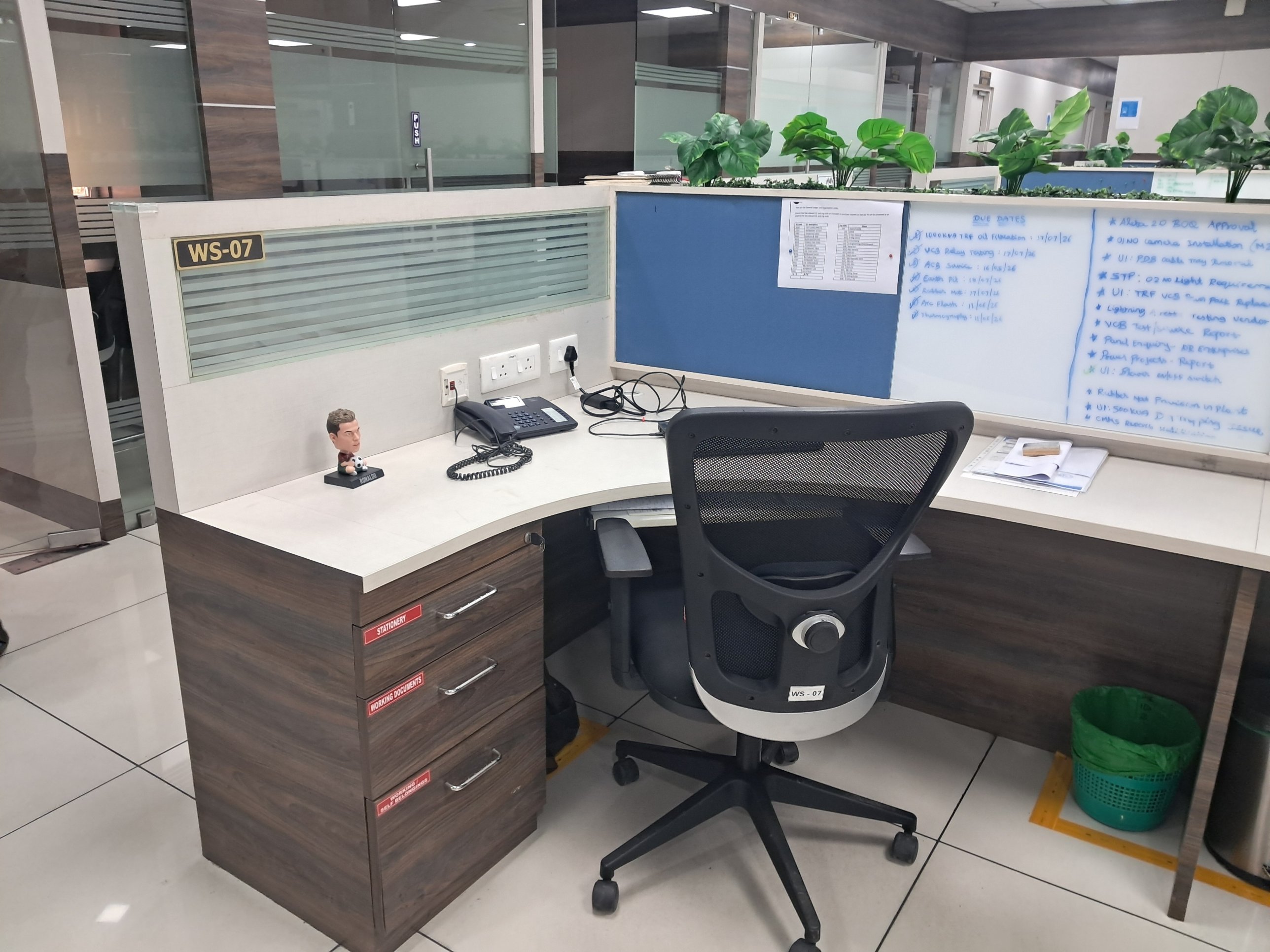 WS-07 executive workstation with dark wood finish and mesh chair